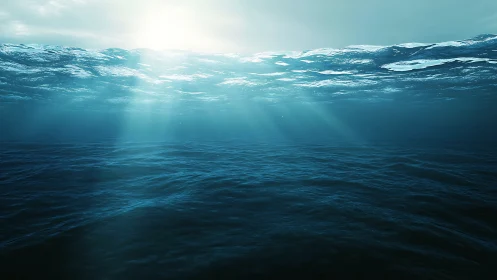 Sunlit underwater seascape with deep blue rolling waves.