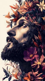 Floral-encased male profile rendered in intricate digital etching.