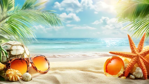 Sunlit beach day invites with seashells, starfish and shades