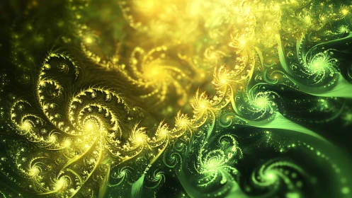 Green and yellow fractal spirals in glowing abstract field.