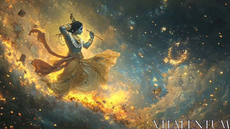 Celestial dancer glides through swirling cosmic fire and light
