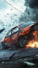 Cinematic digital rendering of an exploding street car scene.
