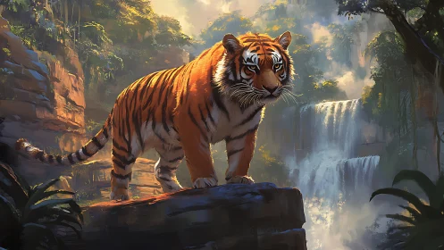 Regal jungle tiger pauses on a sunlit cliff above waterfalls