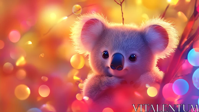 Koala rendered in colorful bokeh light with soft focus detail