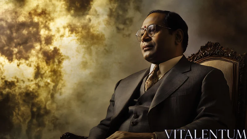 Photorealistic seated portrait in warm chiaroscuro lighting.