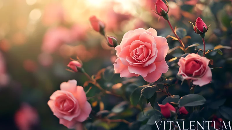 Soft-Focus Rose Garden with Luminescent Pink Blooms and Bokeh Effect