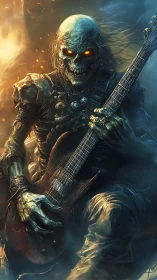 Undead guitarist with glowing eyes plays electric guitar