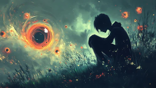Silhouetted figure in field facing swirling fiery vortex.