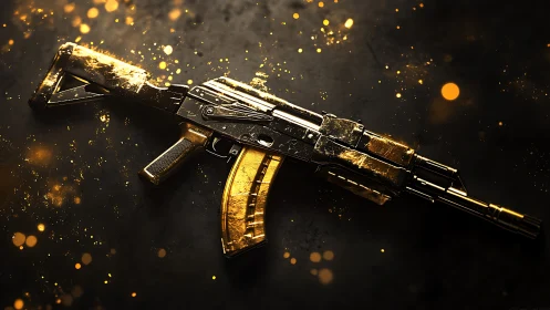 Gilded tactical rifle render with luminous particle bokeh.