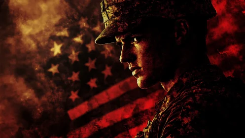 Soldier profile with distressed United States flag backdrop.