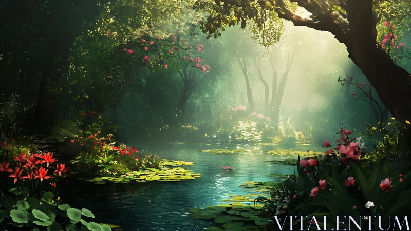 Sunlit lily pond tucked inside a secret flower forest.