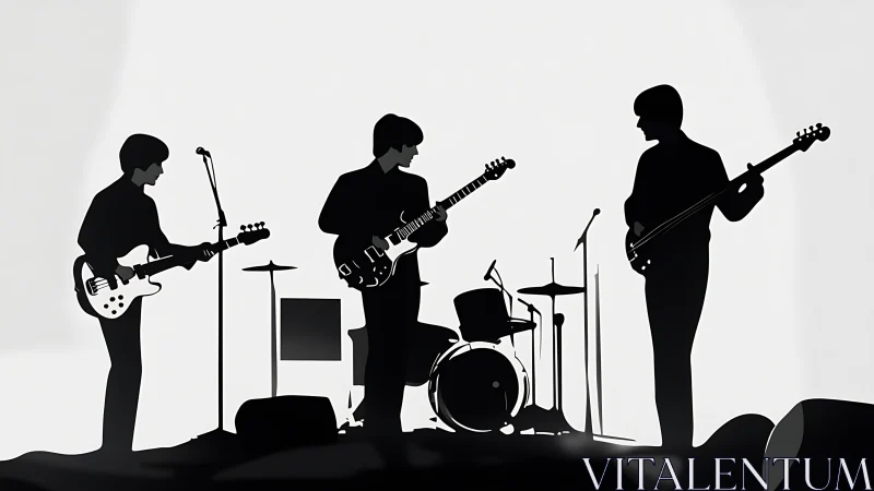 Shadow band in monochrome glow, guitars humming silently.