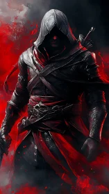 Hooded armed figure stands in red and black atmospheric field