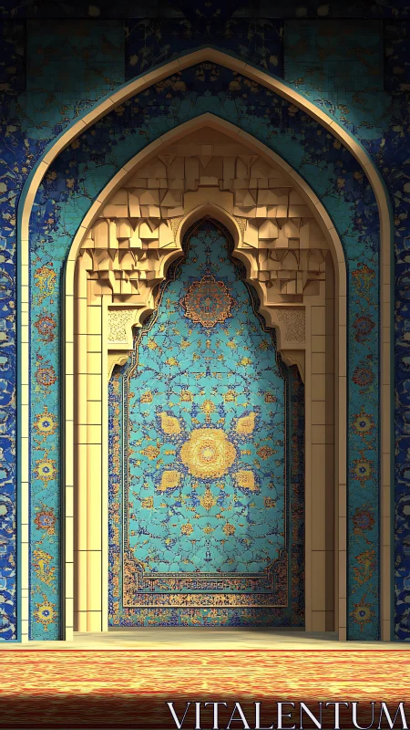 Islamic archway with detailed turquoise geometric tile panel