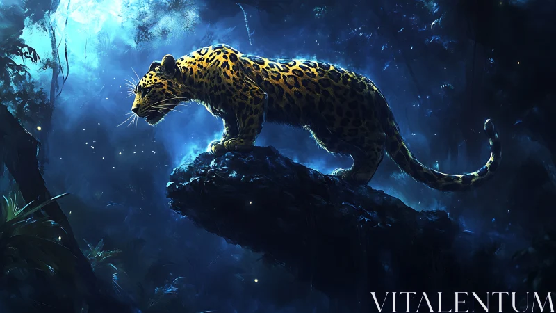 Mystical Leopard Perched on Enchanted Stone.