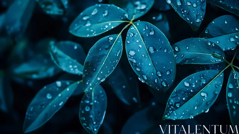 Close-up foliage with water droplets on dark background.