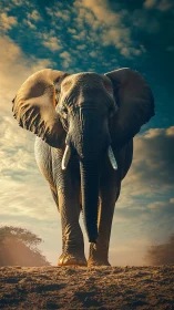 Low-angle elephant portrait with dramatic dusk sky lighting.