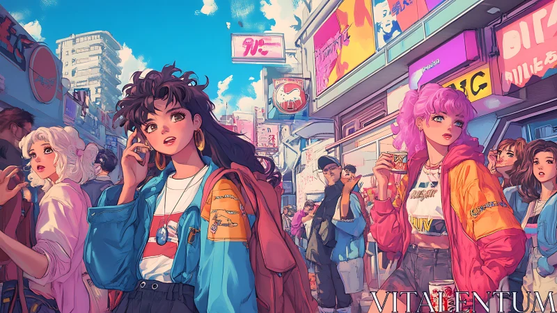 Neon city street scene with stylized youth characters.
