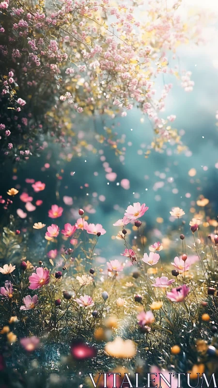 Flowers Drift Through Golden Light in Ethereal Garden Dream