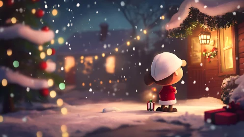 Little child in red coat gazes at warm Christmas doorway.