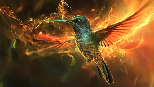 Hummingbird rendered with luminous fiery wing effects in flight