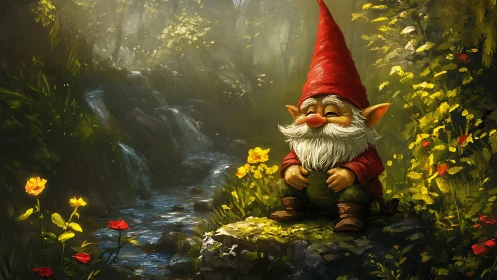 Content forest gnome rests beside sunlit woodland stream