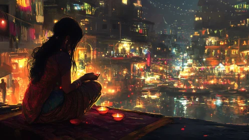 Silhouette of girl beside river with city lantern reflections.