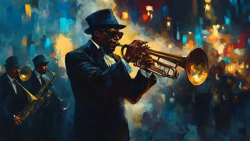Jazz trumpeter commands a neon-lit night stage in motion.