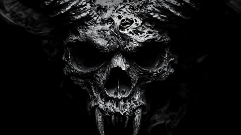 Demonic horned skull rendered in dark monochrome detail.