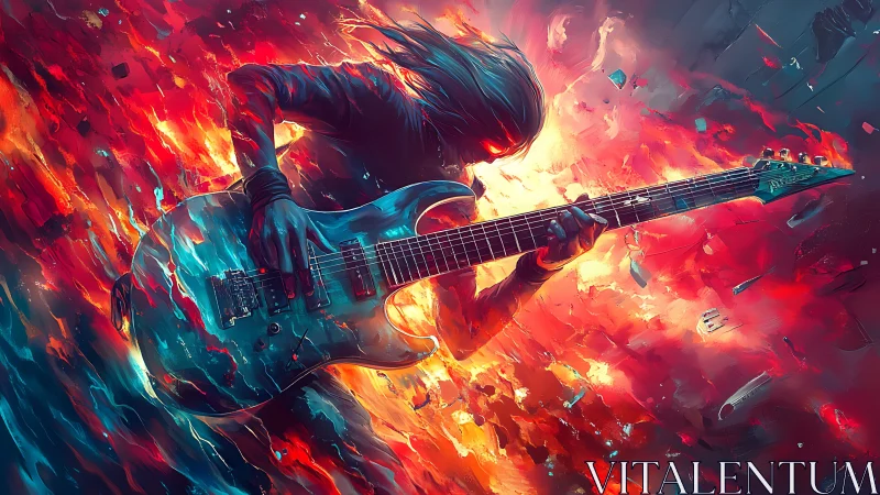 Electric guitarist silhouette amid abstract fiery color field.