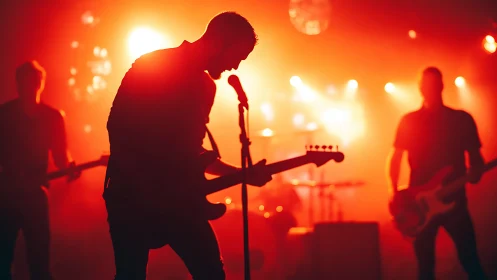 Rock band performing onstage in intense red backlighting.