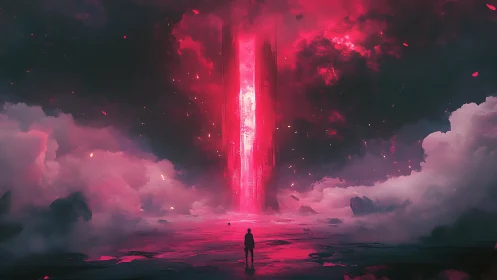 Solitary figure approaches luminous crimson monolithic portal