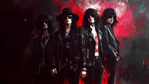 Rebel rock band glowing against a wild red backdrop.