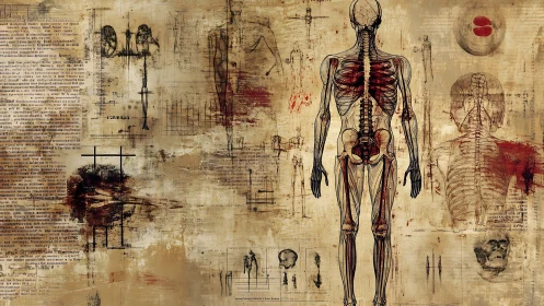 Vintage anatomical study overlays human skeleton and muscles