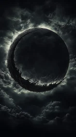 Brooding dark crescent orb hangs softly within storm clouds