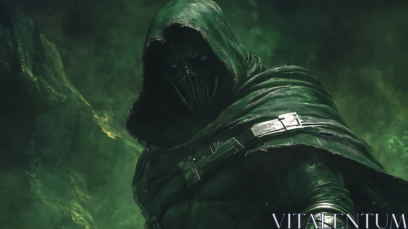 Hooded spectral warrior in emerald fog, cinematic lighting.