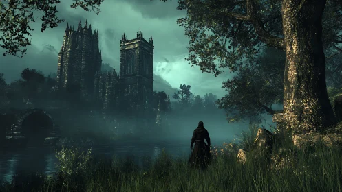 Hooded wanderer studies mist-laden gothic fortress across river