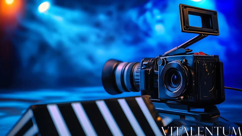 Cinematic video camera and clapperboard under blue stage light.