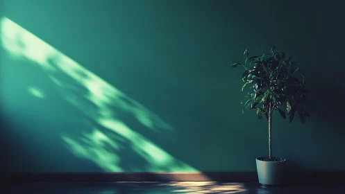 Sunlit indoor tree enjoys quiet calm against teal wall