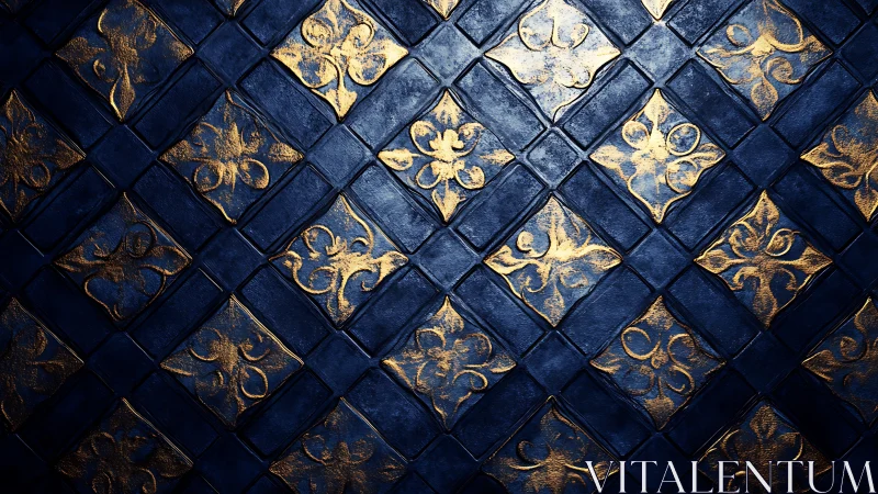 Ornate navy tiles display gilded floral motifs in relief.