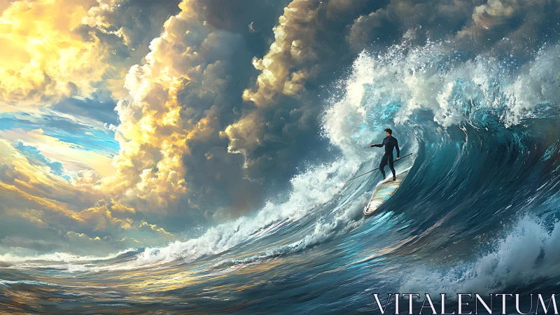Surfer riding a glowing storm wave beneath golden clouds.