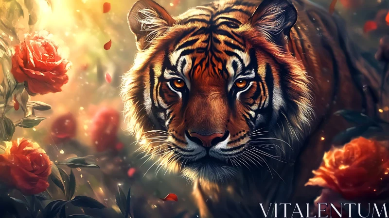 Tiger among red roses in soft backlit digital scene.