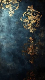 Baroque gold damask ornament on textured midnight teal ground.
