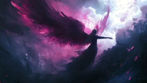 Dark winged figure in glowing pink and blue storm sky.