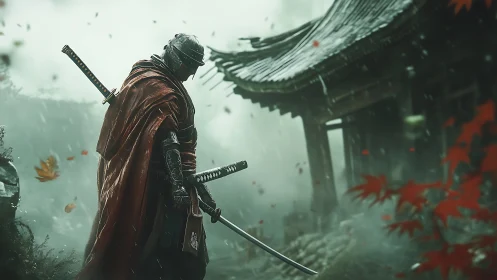 Armored swordsman with twin katanas in misty temple garden.