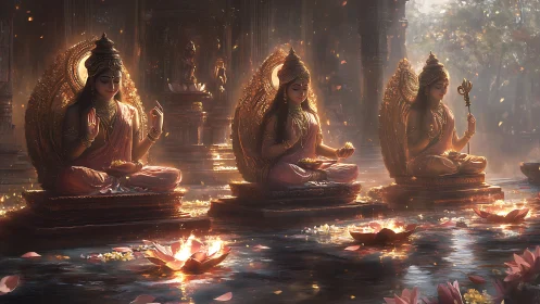 Radiant goddesses meditate above lotus-lit sacred waters