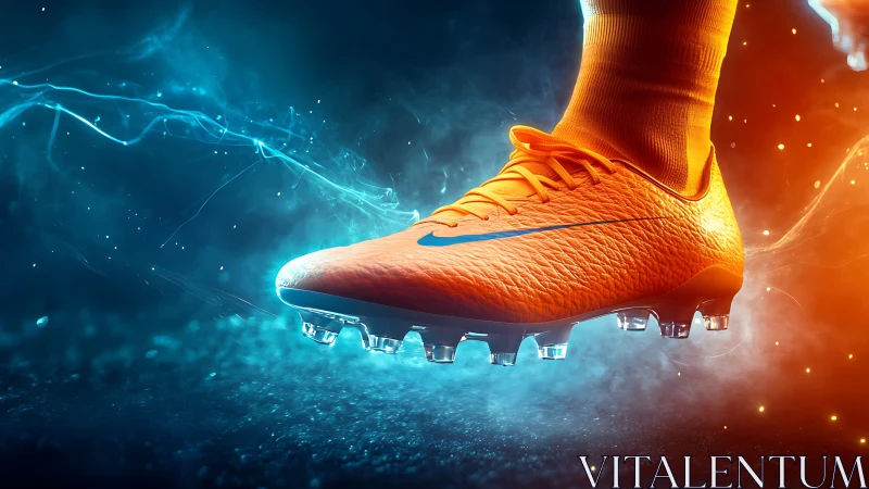 Orange soccer cleat hovers over pitch with glowing energy