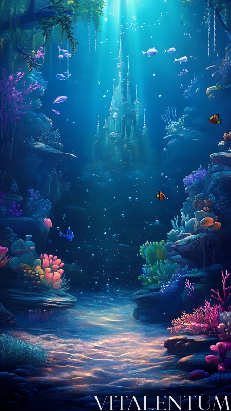 Underwater castle stands amid coral reefs and tropical fish