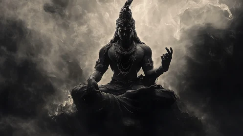 Mystic deity statue sits in swirling smoke and shadowed light