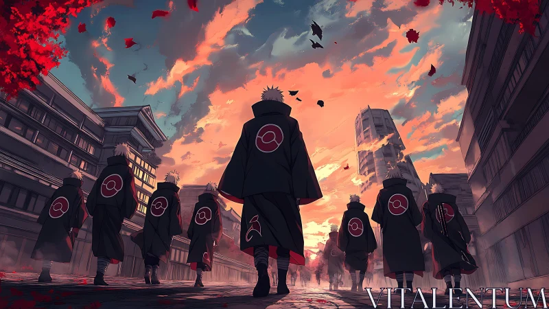 Cloaked ninja squad advances through urban canyon at sunset